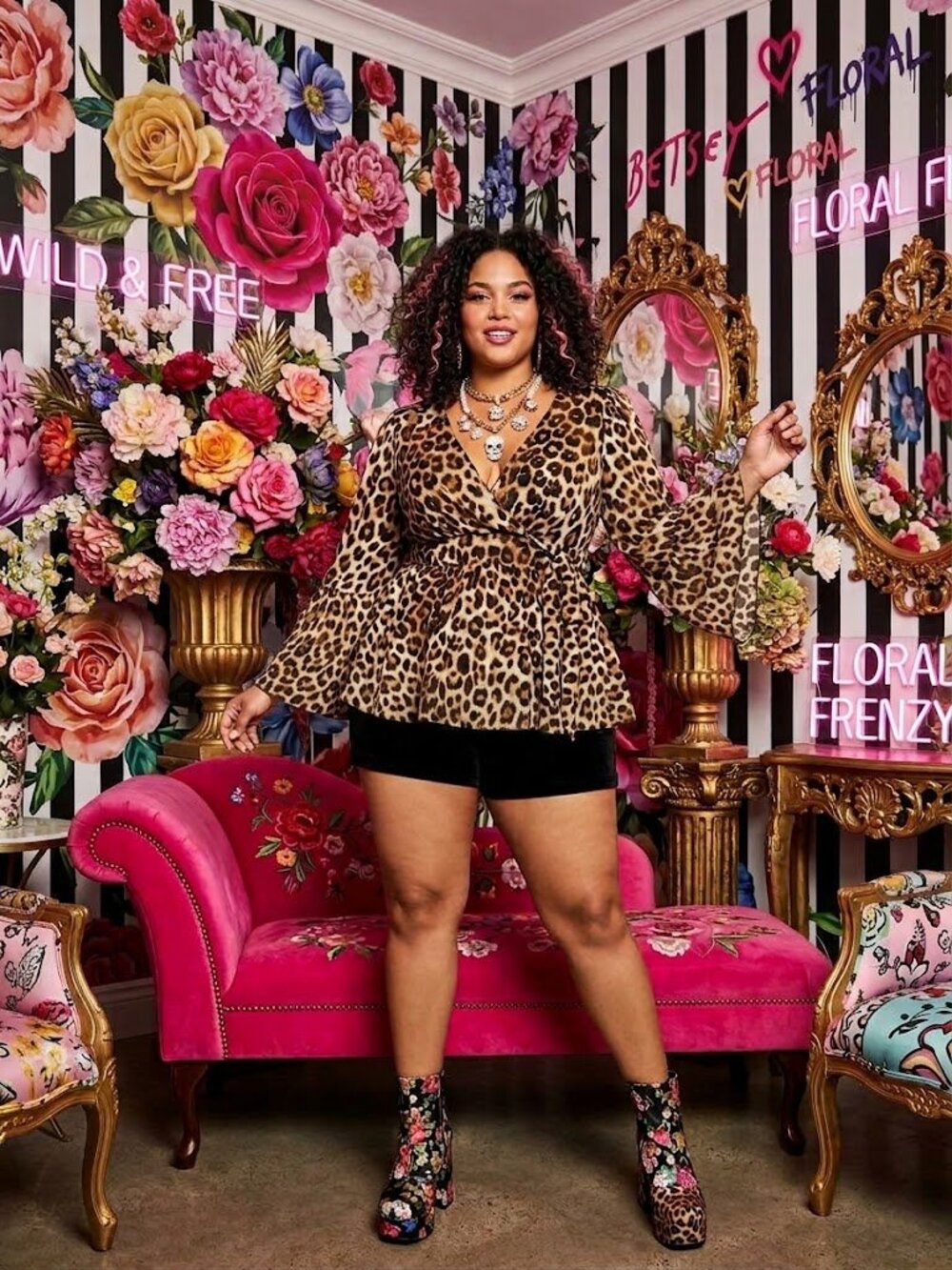 Betsey Johnson Vintage Leopard Cheetah Print Ruffle Tunic Peplum Tie Top XL